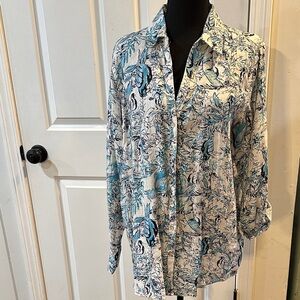 Tahari White and Teal Botanical Button-Front Tunic